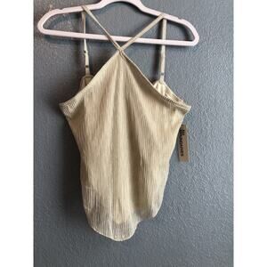 No Boundaries Womens Tank Top Medium Criss Cross Halter Almond Boho Fairy Ballet